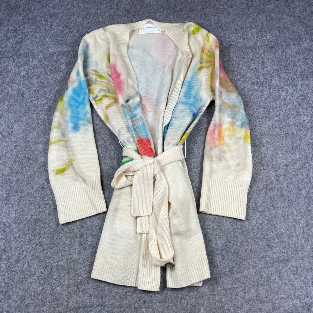 Kerri Rosenthal Cashmere Cardigan Abstract Print Tie Waist Wrap Cream Size Small